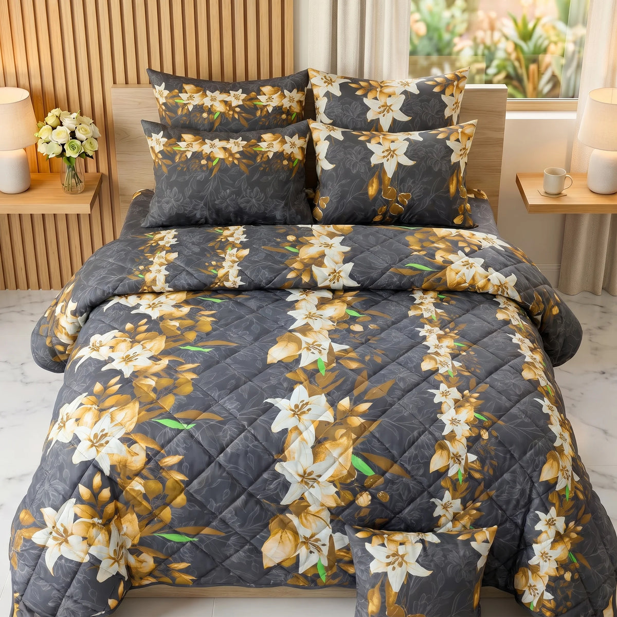 Charcoal & Gold Lily Comforter Set  — 8 PCS