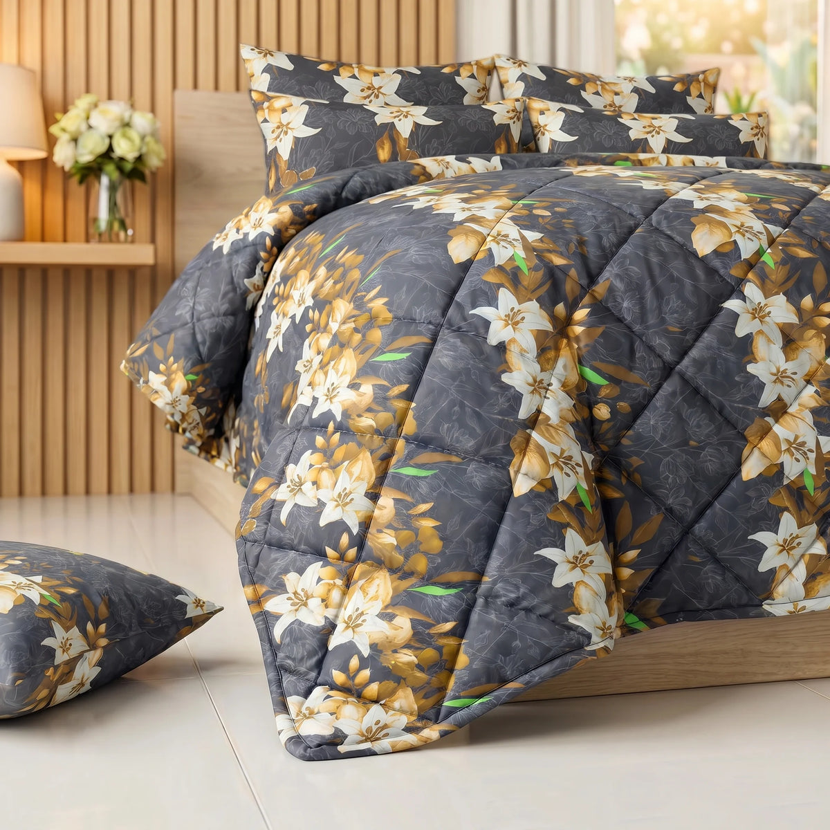 Charcoal & Gold Lily Comforter Set  — 8 PCS