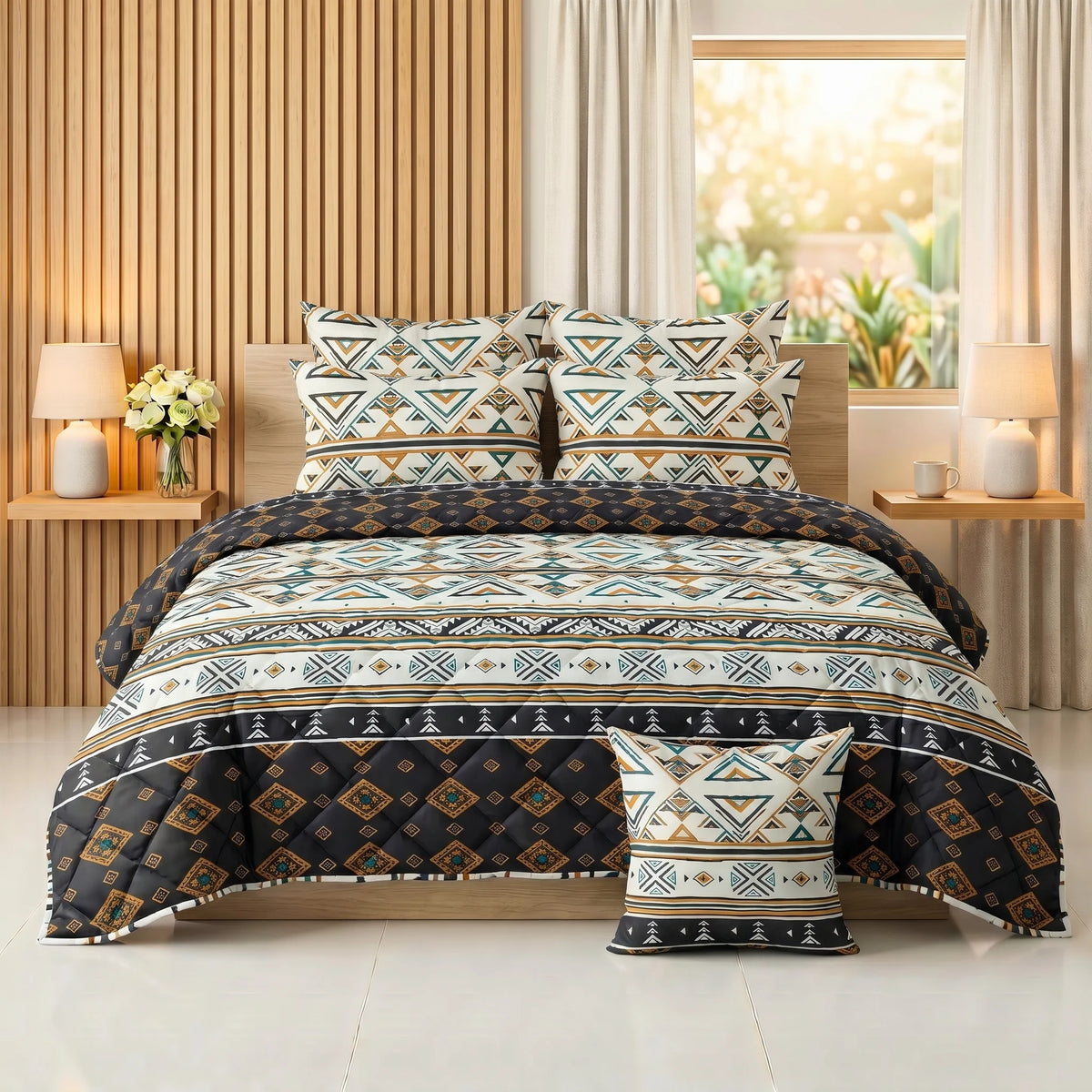 Charcoal & Ochre Tribal Geometric Comforter Set — 8 PCS