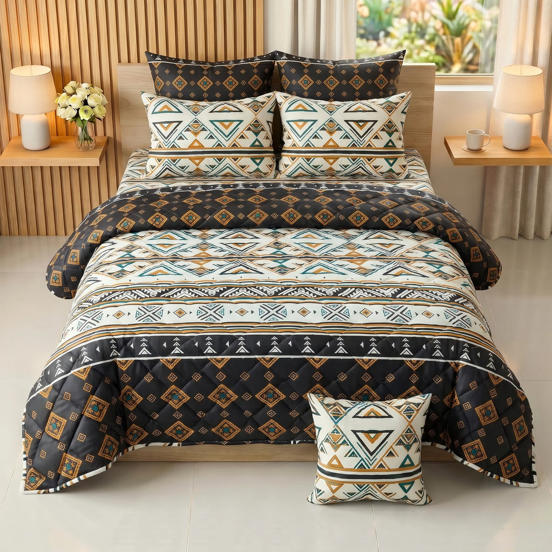Charcoal & Ochre Tribal Geometric Comforter Set — 8 PCS