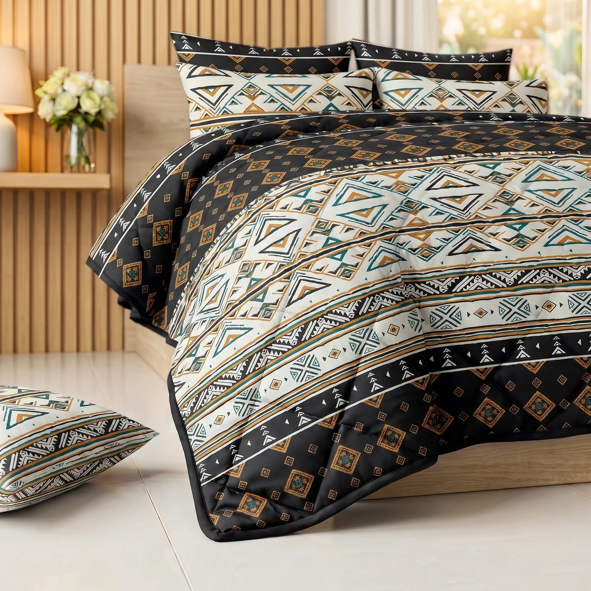 Charcoal & Ochre Tribal Geometric Comforter Set — 8 PCS