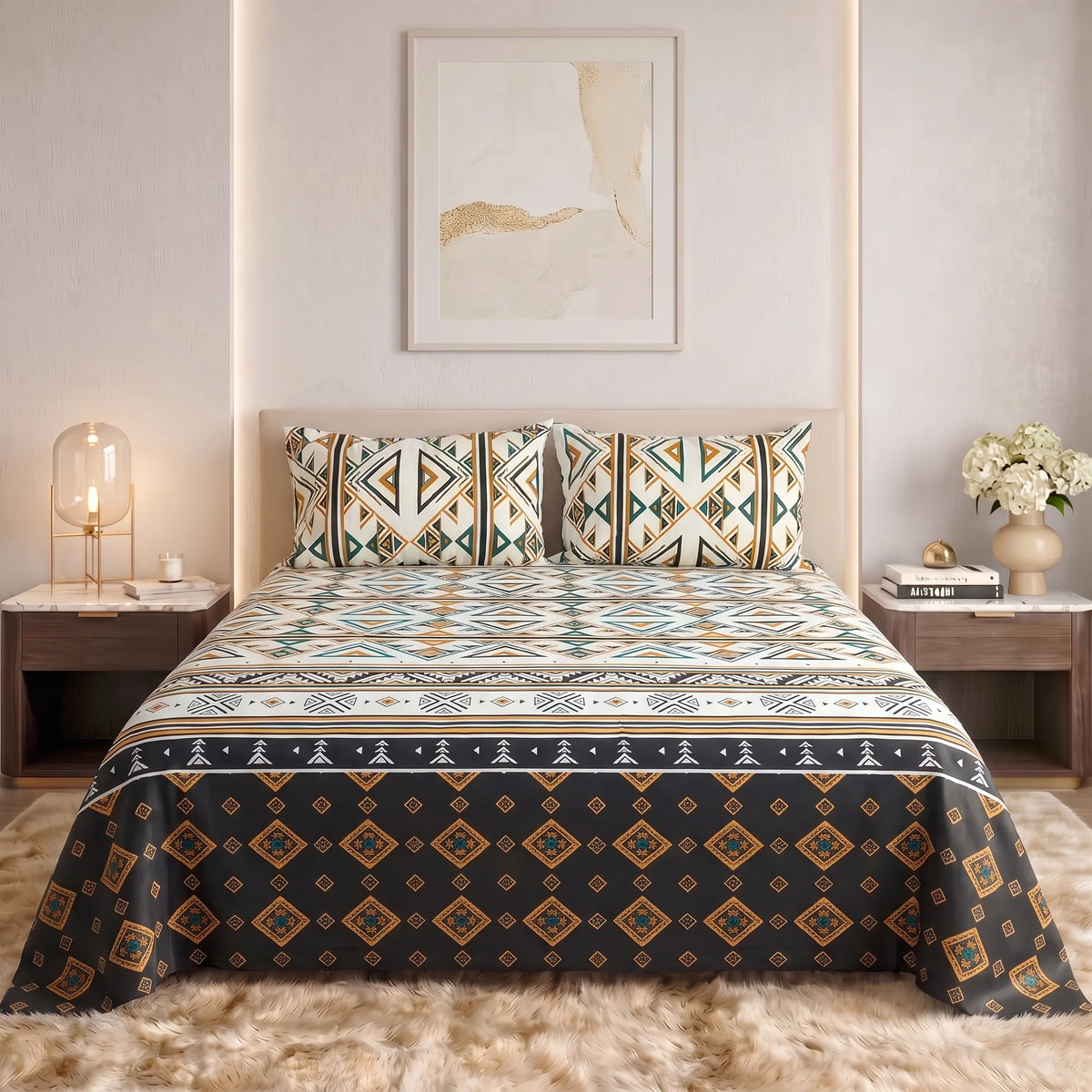 Charcoal & Ochre Tribal Geometric Pure Cotton Bedsheet Set — 3 PCS