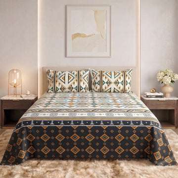 Charcoal & Ochre Tribal Geometric Pure Cotton Bedsheet Set — 3 PCS