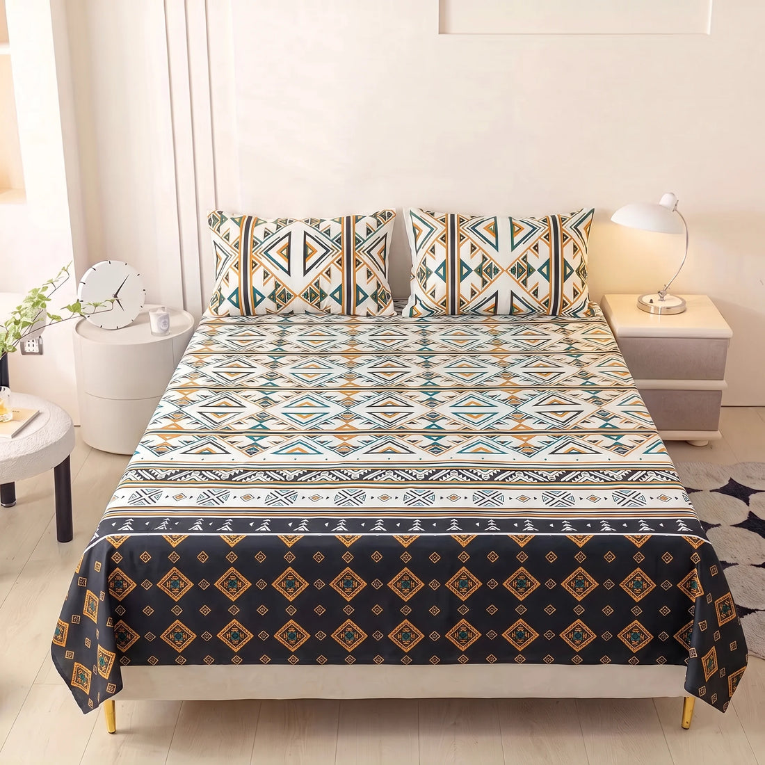 Charcoal & Ochre Tribal Geometric Pure Cotton Bedsheet Set — 3 PCS