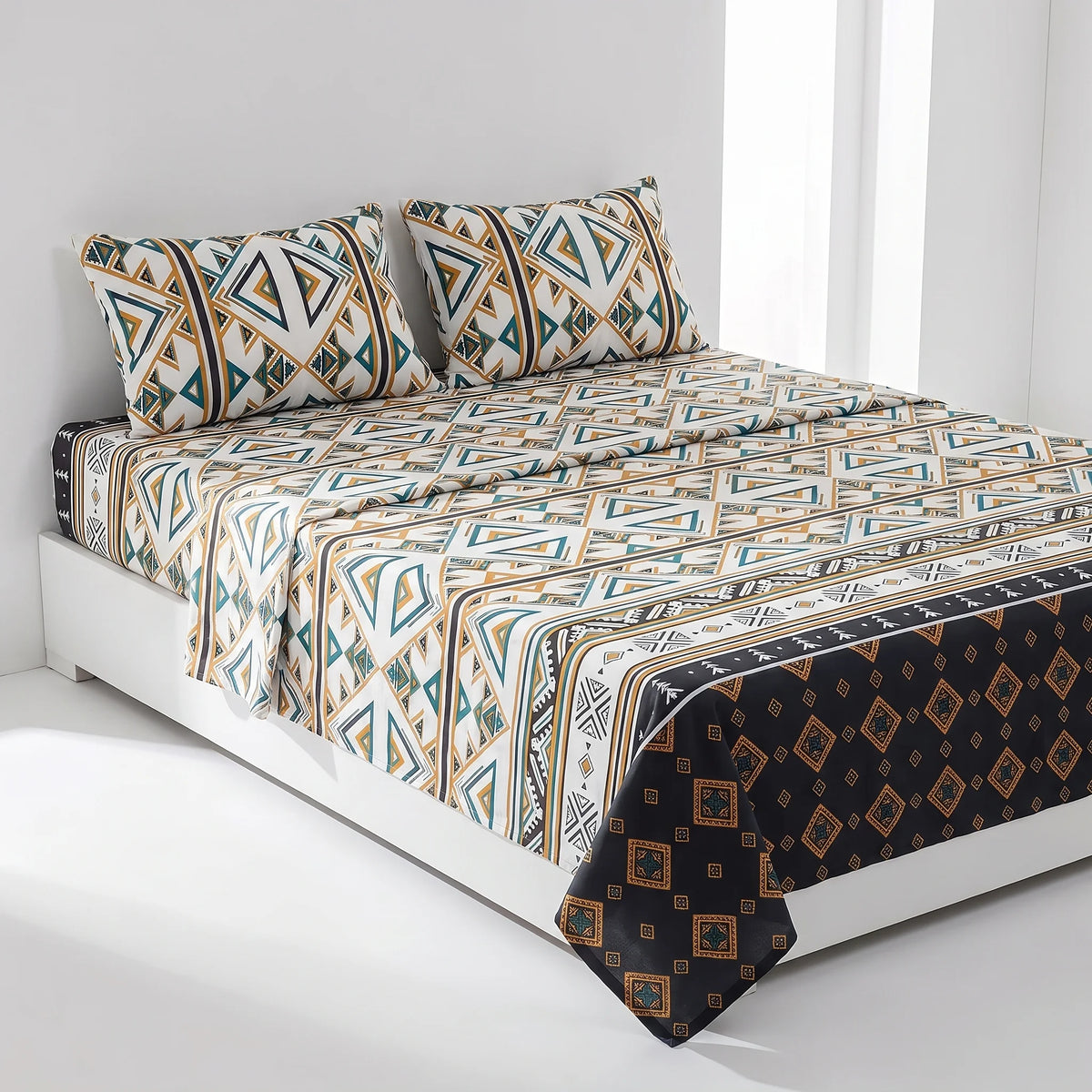 Charcoal & Ochre Tribal Geometric Pure Cotton Bedsheet Set — 3 PCS