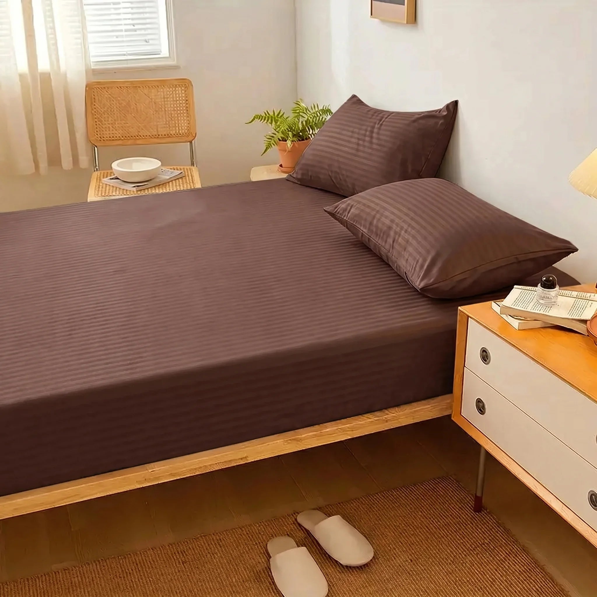 Chocolate Brown Dyed Stripe Fitted Sheet Set