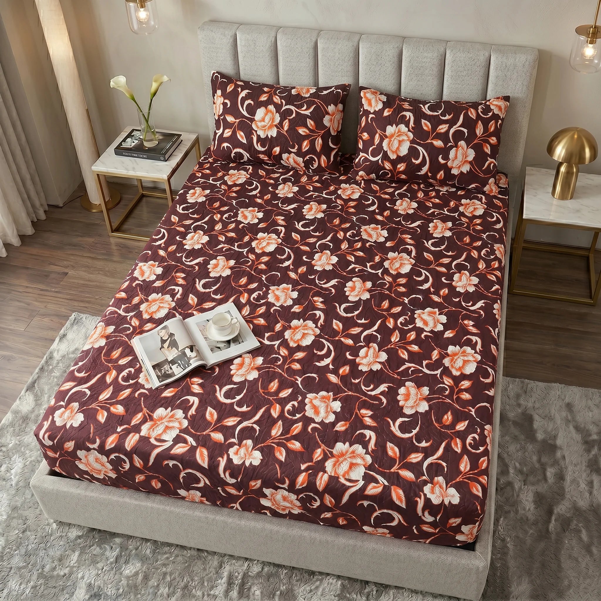 Chocolate Brown & Copper Floral Waterproof Fitted Sheet Set  — 3 PCs