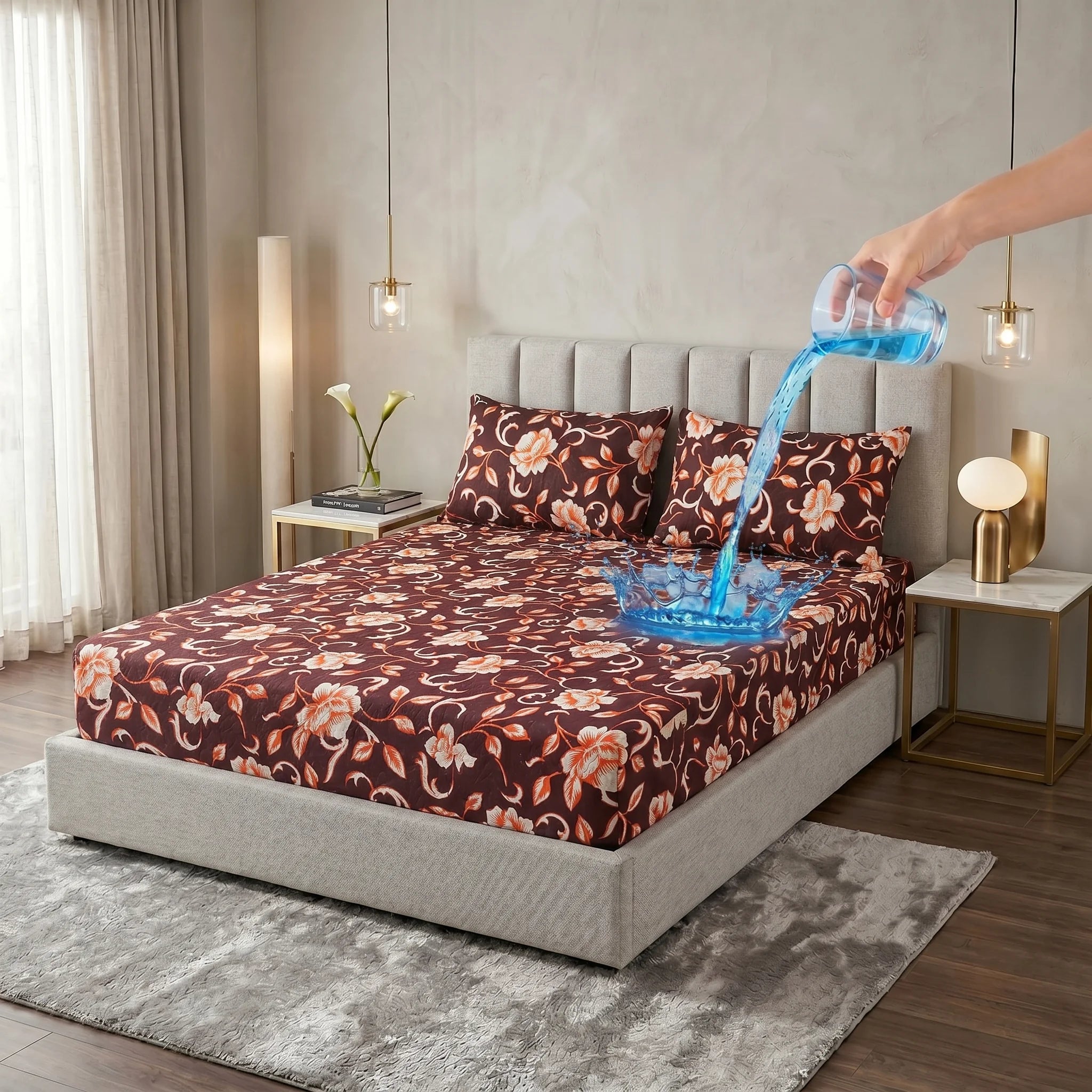 Chocolate Brown & Copper Floral Waterproof Fitted Sheet Set  — 3 PCs