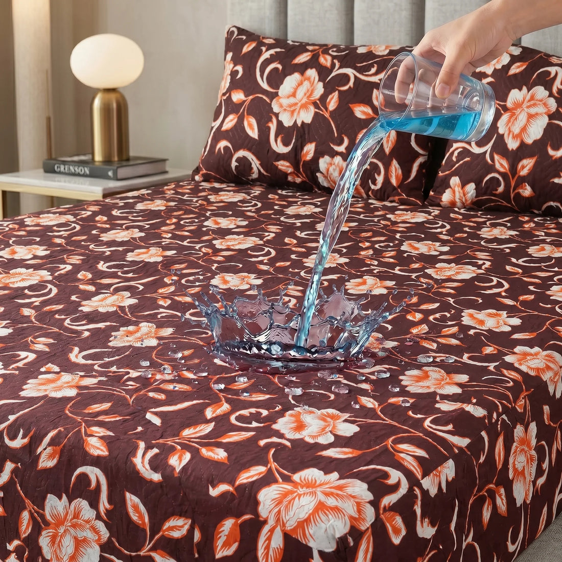 Chocolate Brown & Copper Floral Waterproof Fitted Sheet Set  — 3 PCs