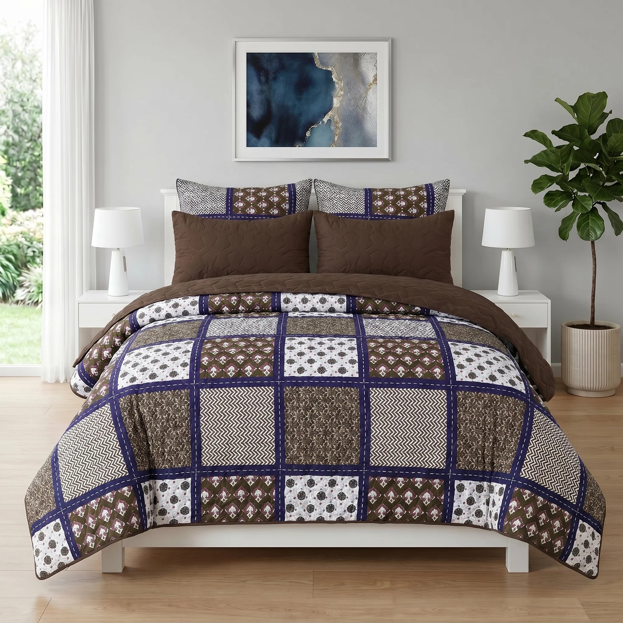 Chocolate Mosaic Grid Bed Spread Set — 6 PCS