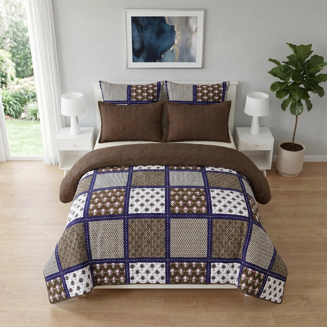 Chocolate Mosaic Grid Bed Spread Set — 6 PCS