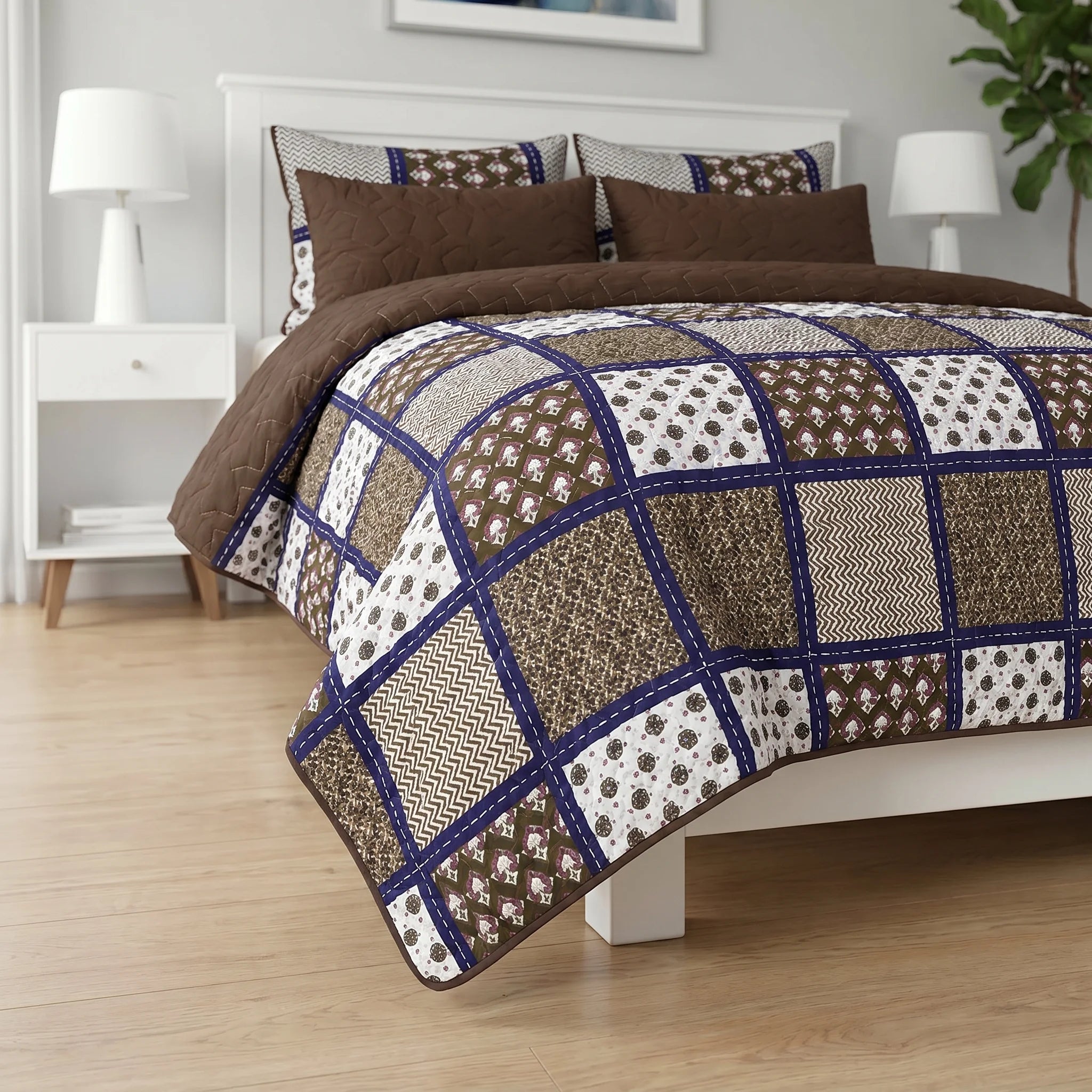 Chocolate Mosaic Grid Bed Spread Set — 6 PCS