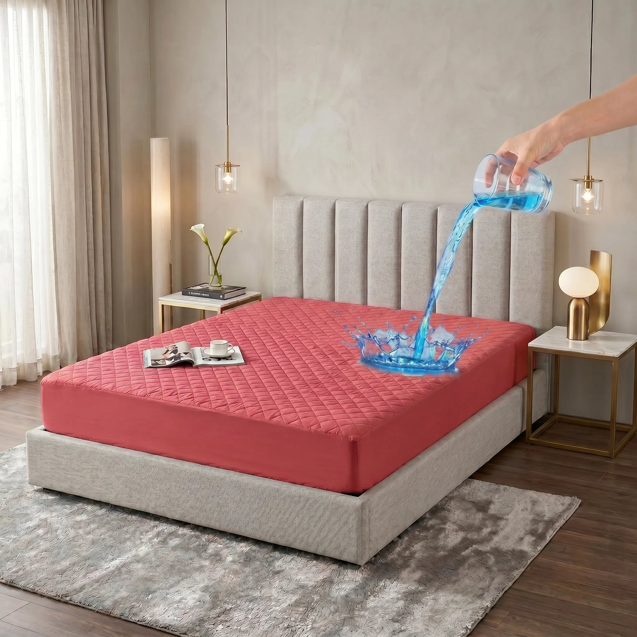 Coral Red Waterproof Mattress Protector — Quilted