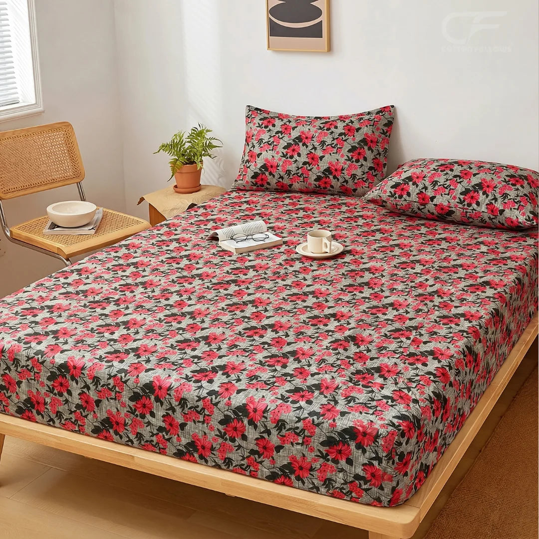 Crimson Blossom Printed Fitted Sheet