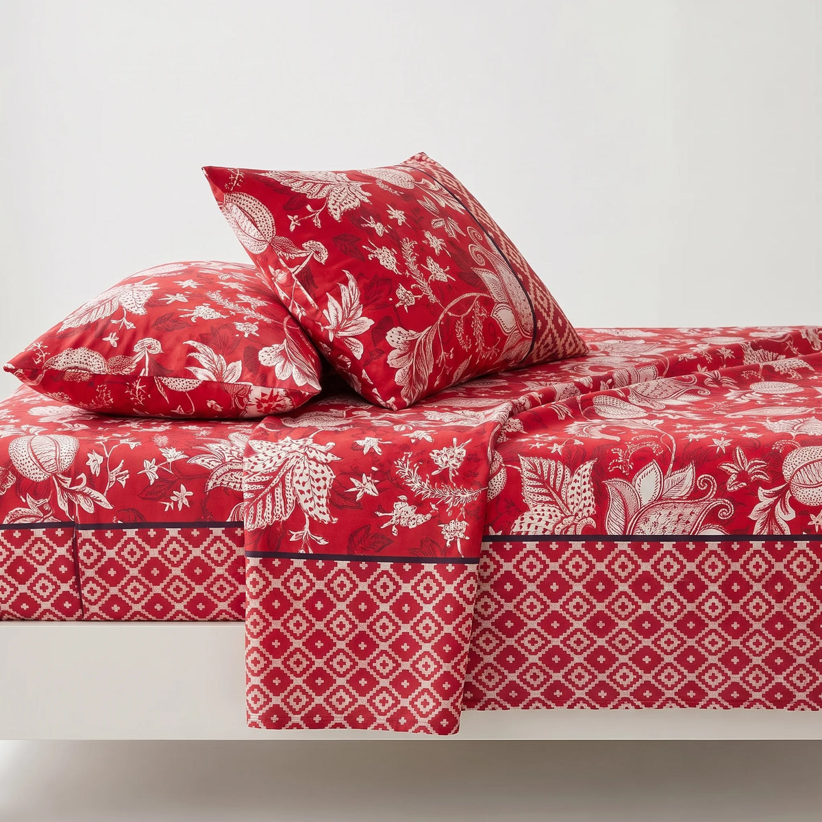 Crimson Botanical Lattice Pure Cotton Bedsheet Set — 3 PCS