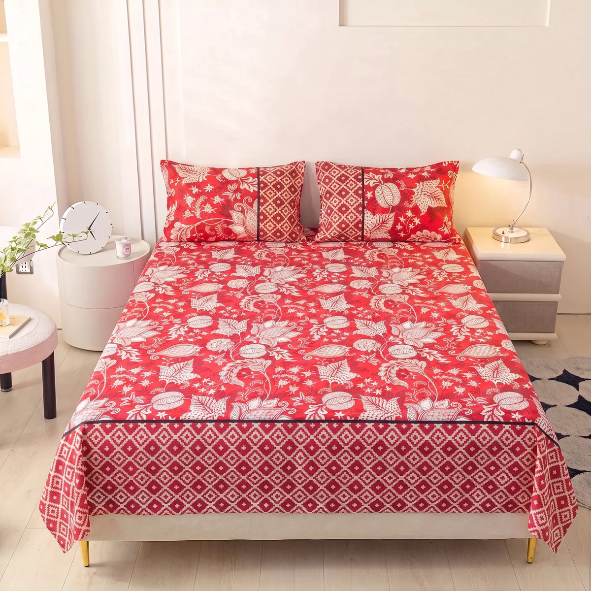 Crimson Botanical Lattice Pure Cotton Bedsheet Set — 3 PCS