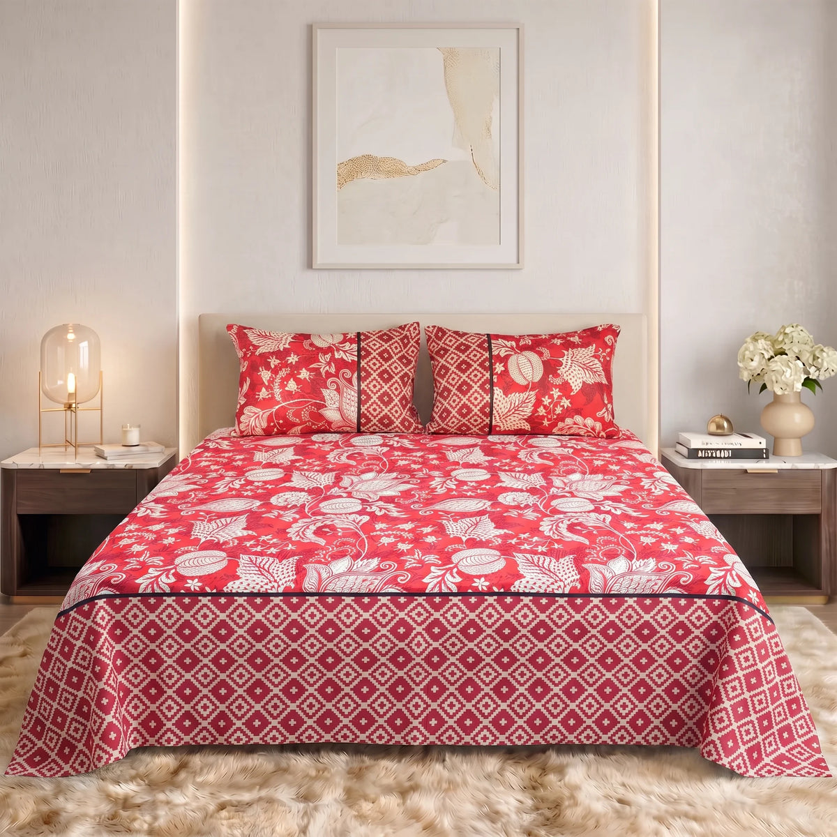 Crimson Botanical Lattice Pure Cotton Bedsheet Set — 3 PCS