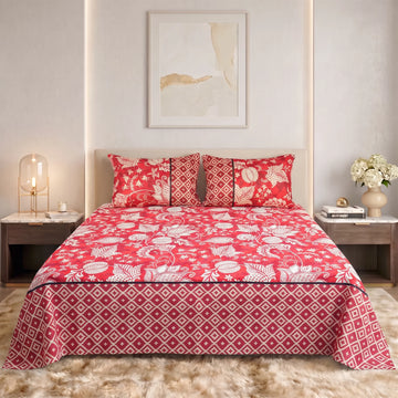 Crimson Botanical Lattice Pure Cotton Bedsheet Set — 3 PCS