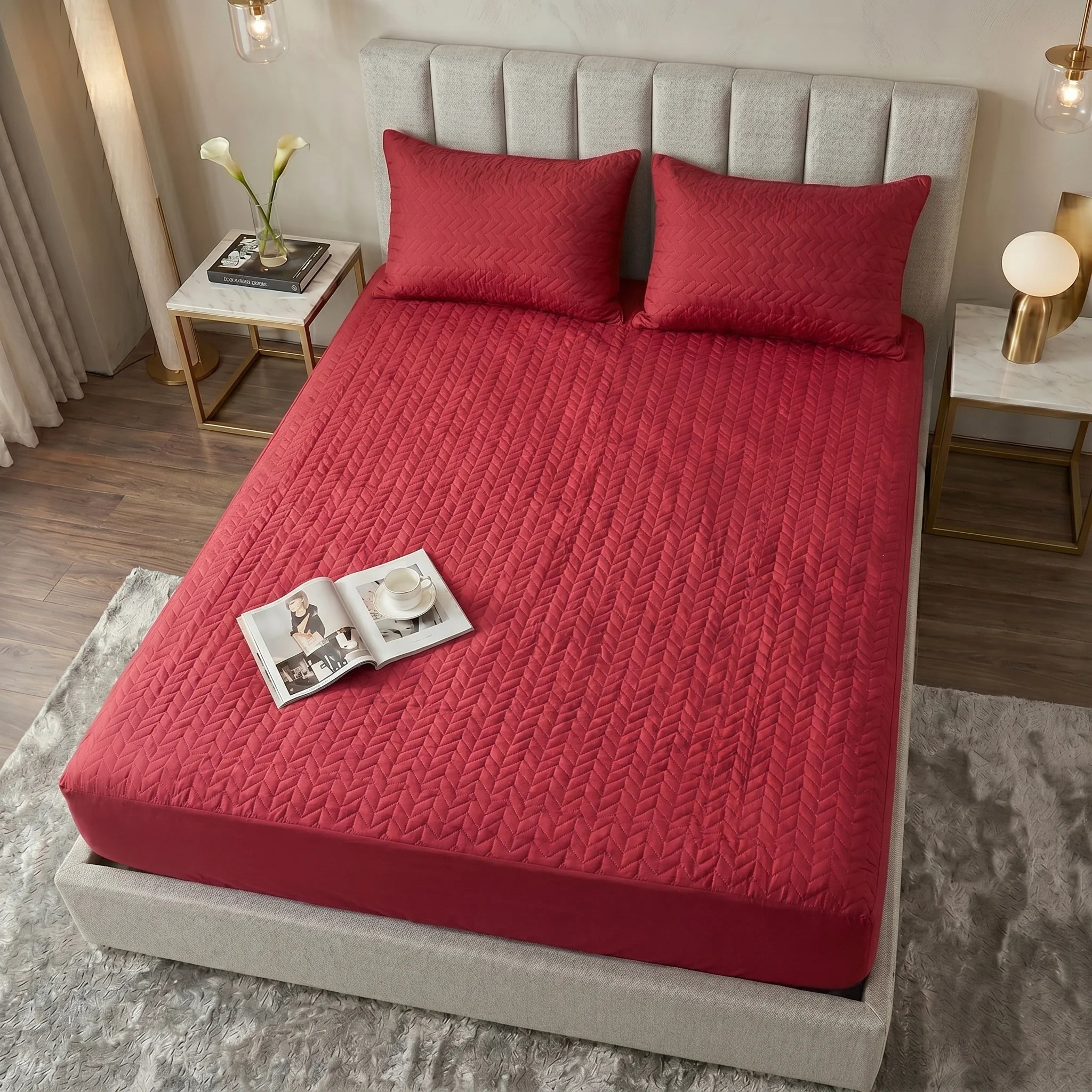 Crimson Maroon Waterproof Mattress Protector — Quilted