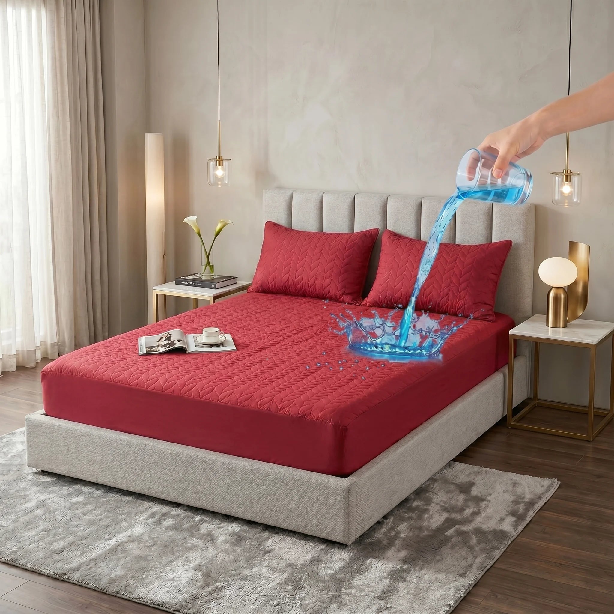 Crimson Maroon Waterproof Mattress Protector — Quilted