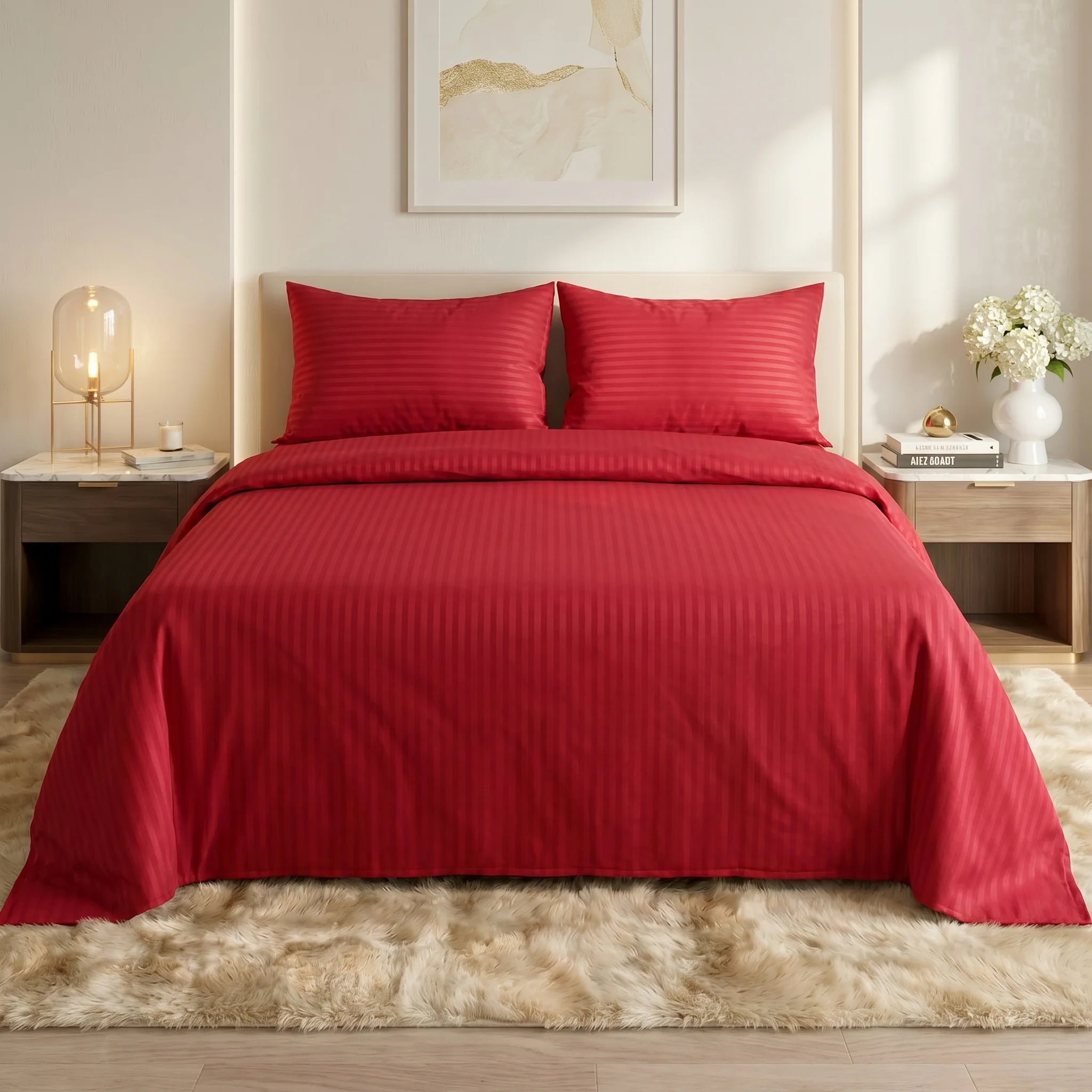 Crimson Red Dyed Stripe Bedsheet Set