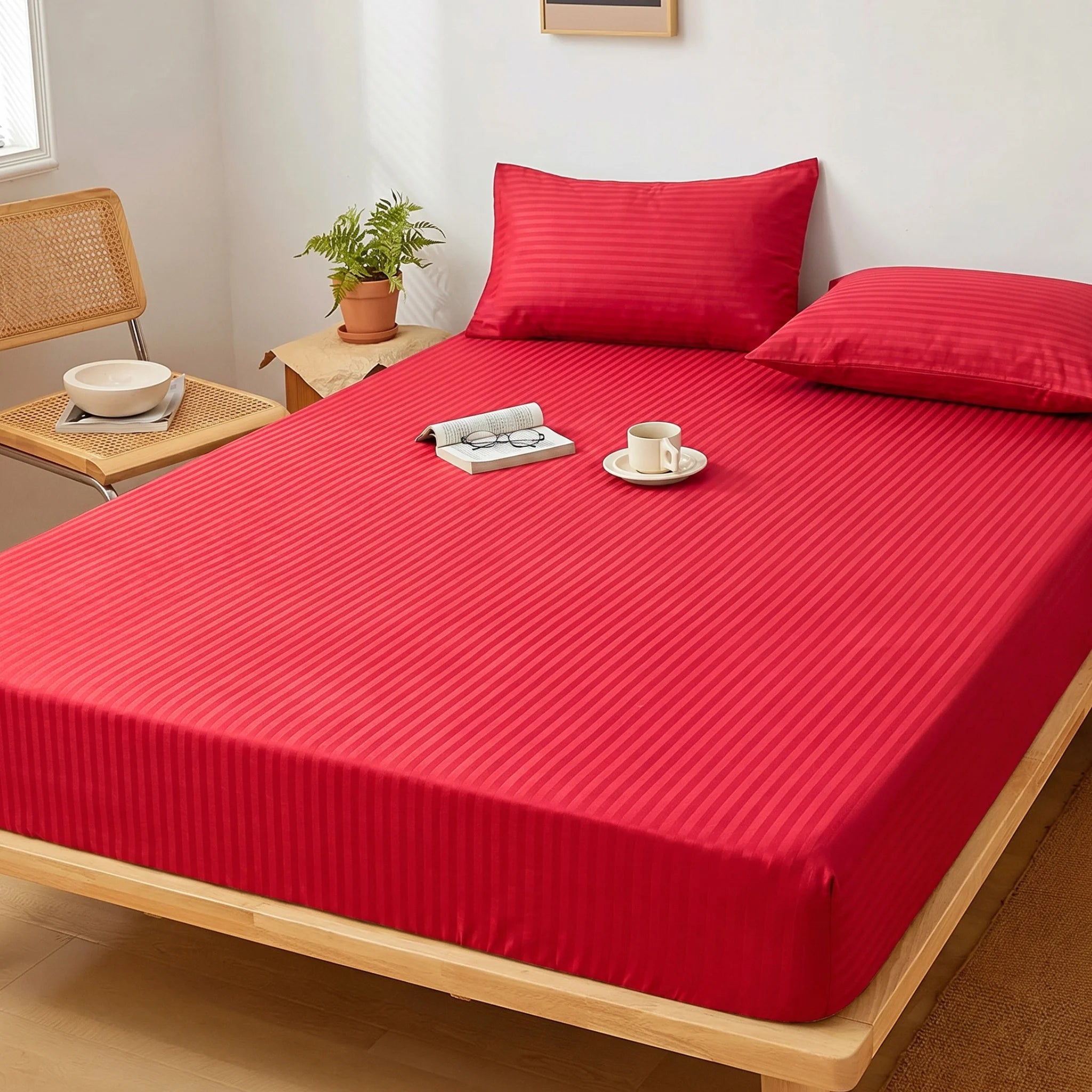 Crimson Red Dyed Stripe Fitted Sheet Set