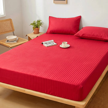 Crimson Red Dyed Stripe Fitted Sheet Set