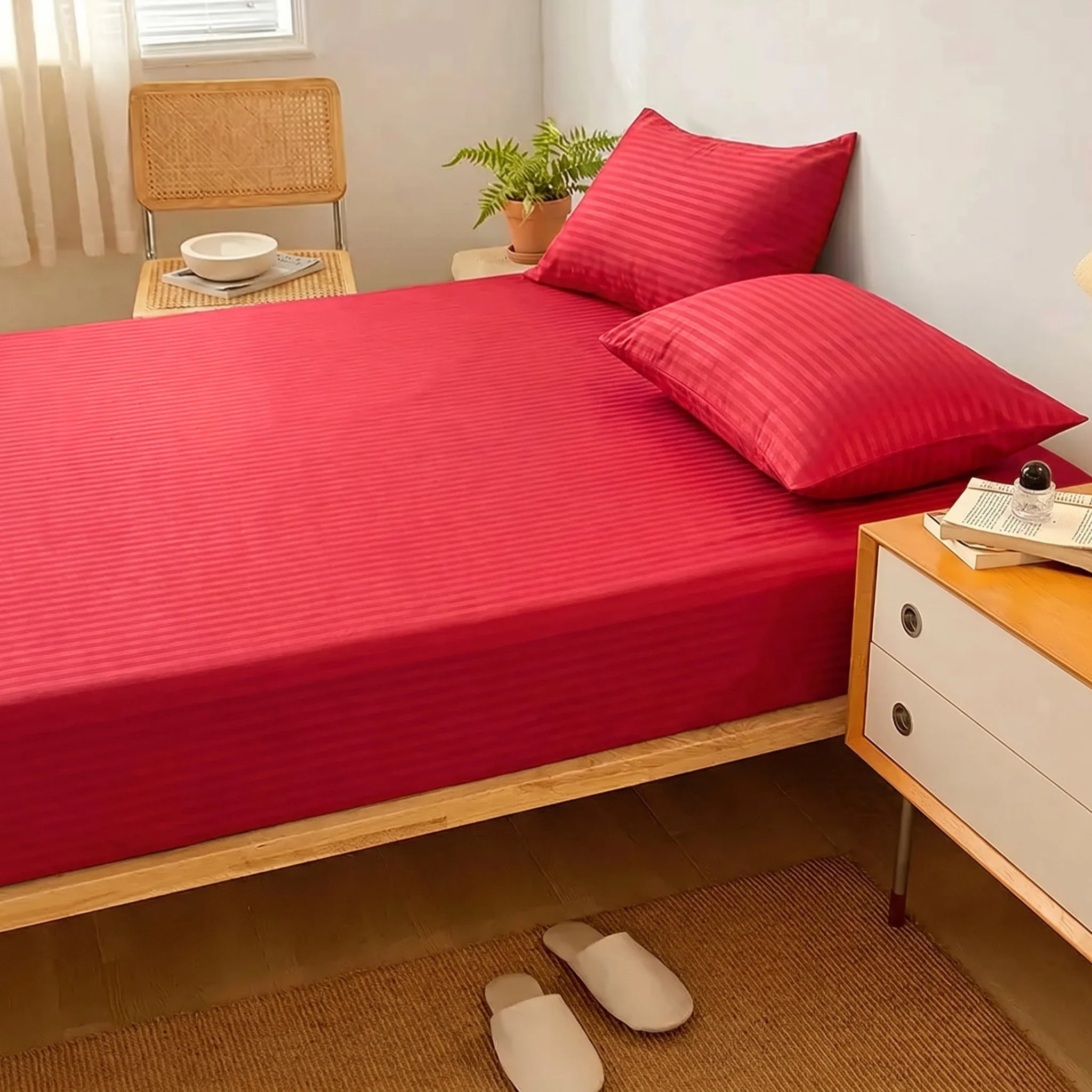 Crimson Red Dyed Stripe Fitted Sheet Set