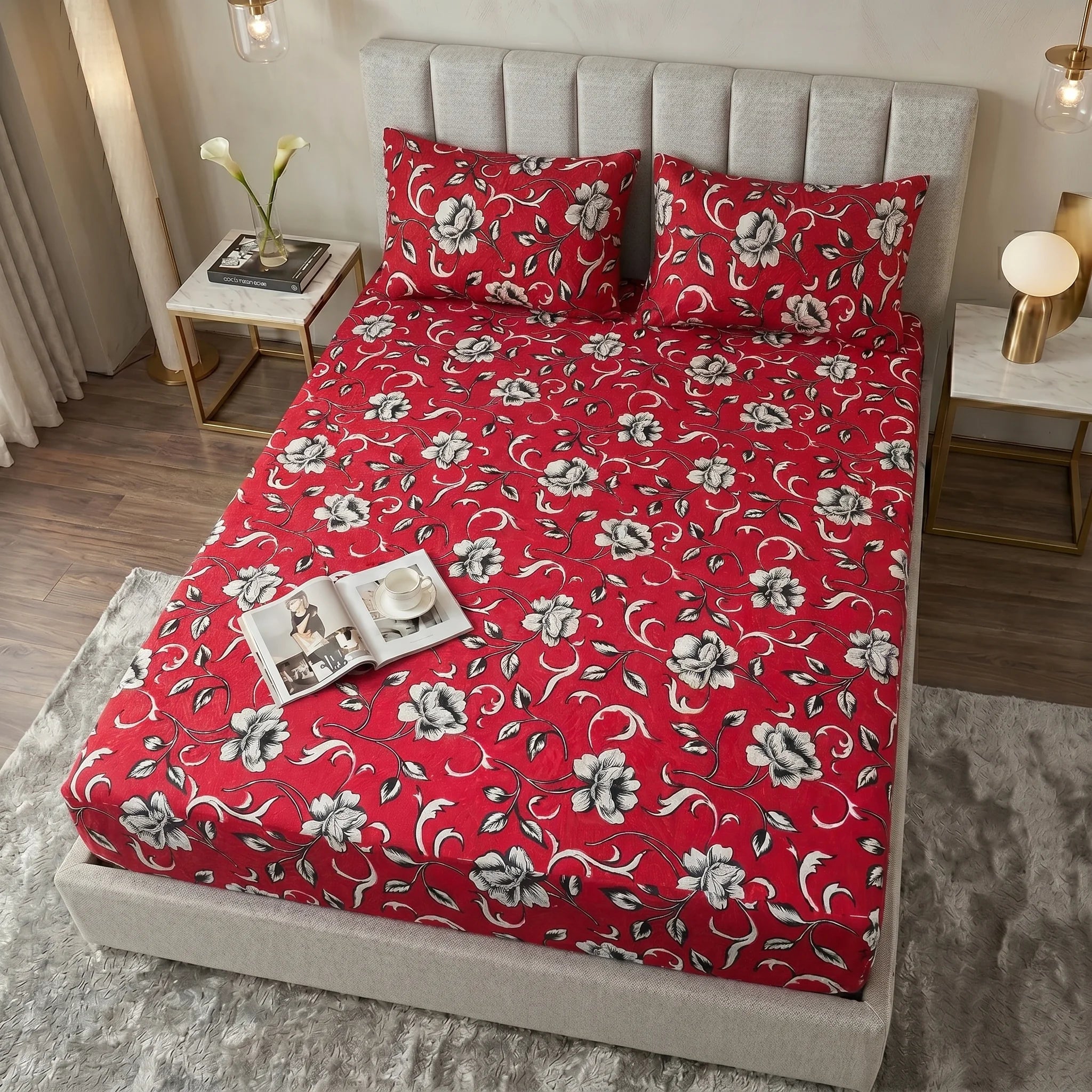 Crimson Red Floral Waterproof Fitted Sheet Set  — 3 PCs