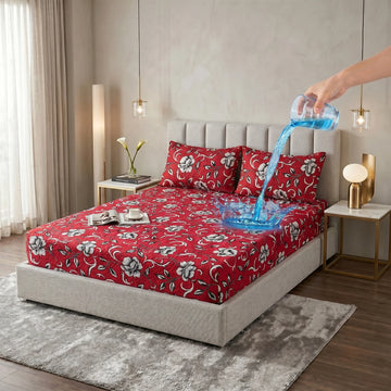 Crimson Red Floral Waterproof Fitted Sheet Set  — 3 PCs