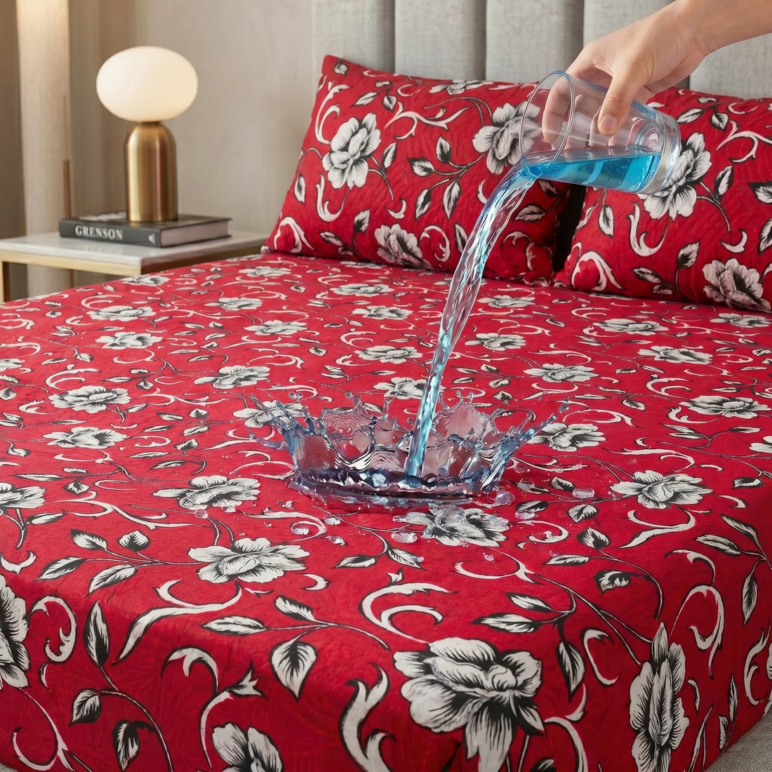 Crimson Red Floral Waterproof Fitted Sheet Set  — 3 PCs