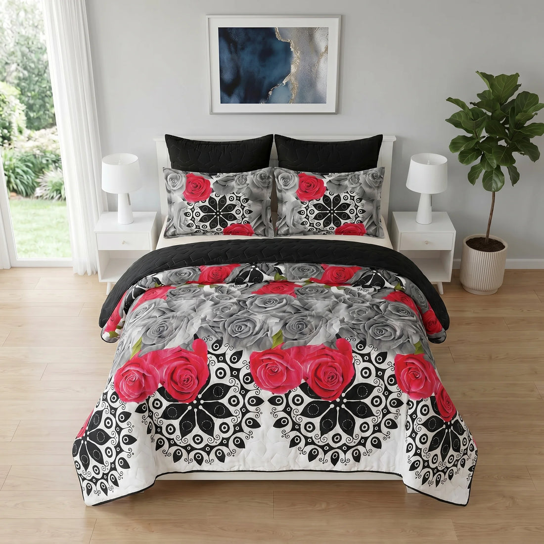 Crimson Rose Mandala Bed Spread Set — 6 PCS