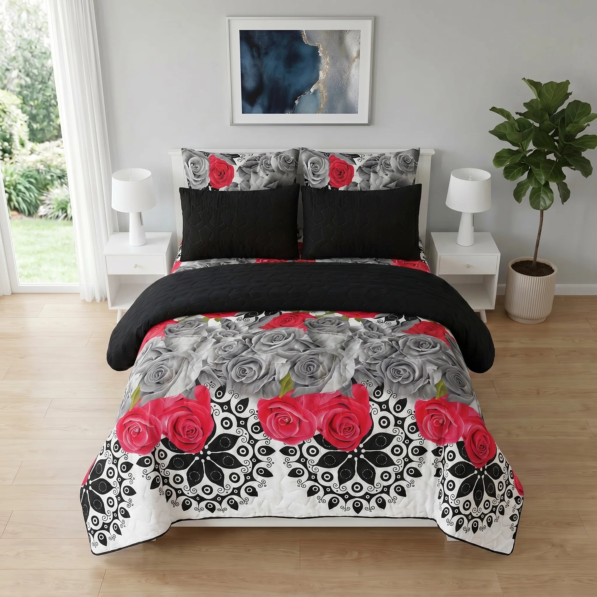 Crimson Rose Mandala Bed Spread Set — 6 PCS