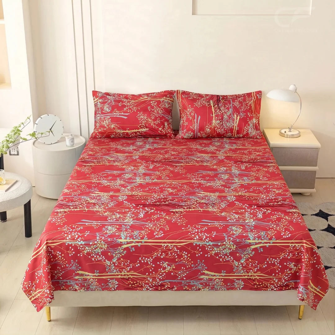 Crimson Blossom Printed Bedsheet Set