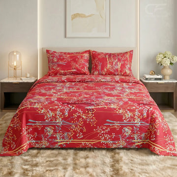 Crimson Blossom Printed Bedsheet Set