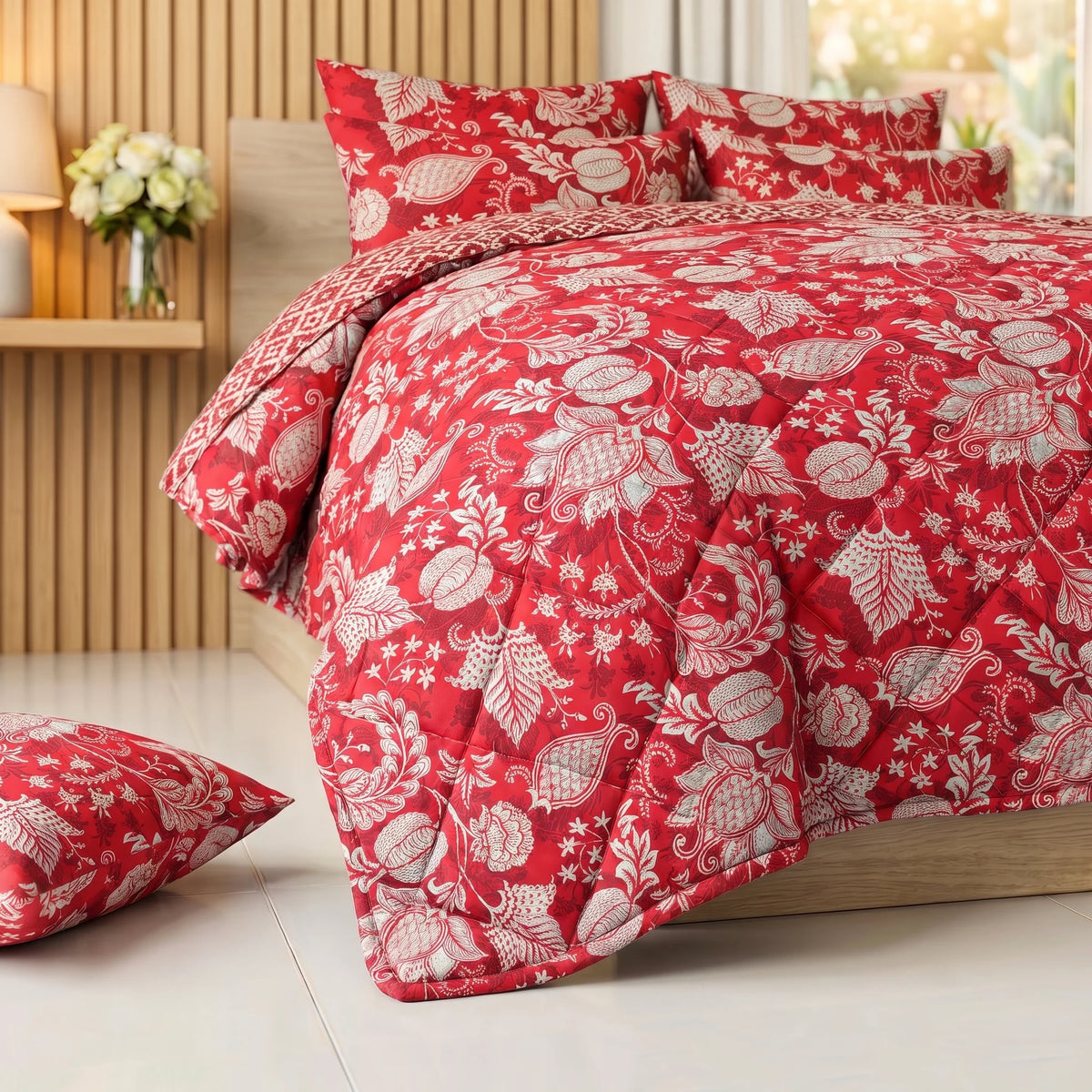 Crimson & Ivory Floral Chintz Comforter Set — 8 PCS