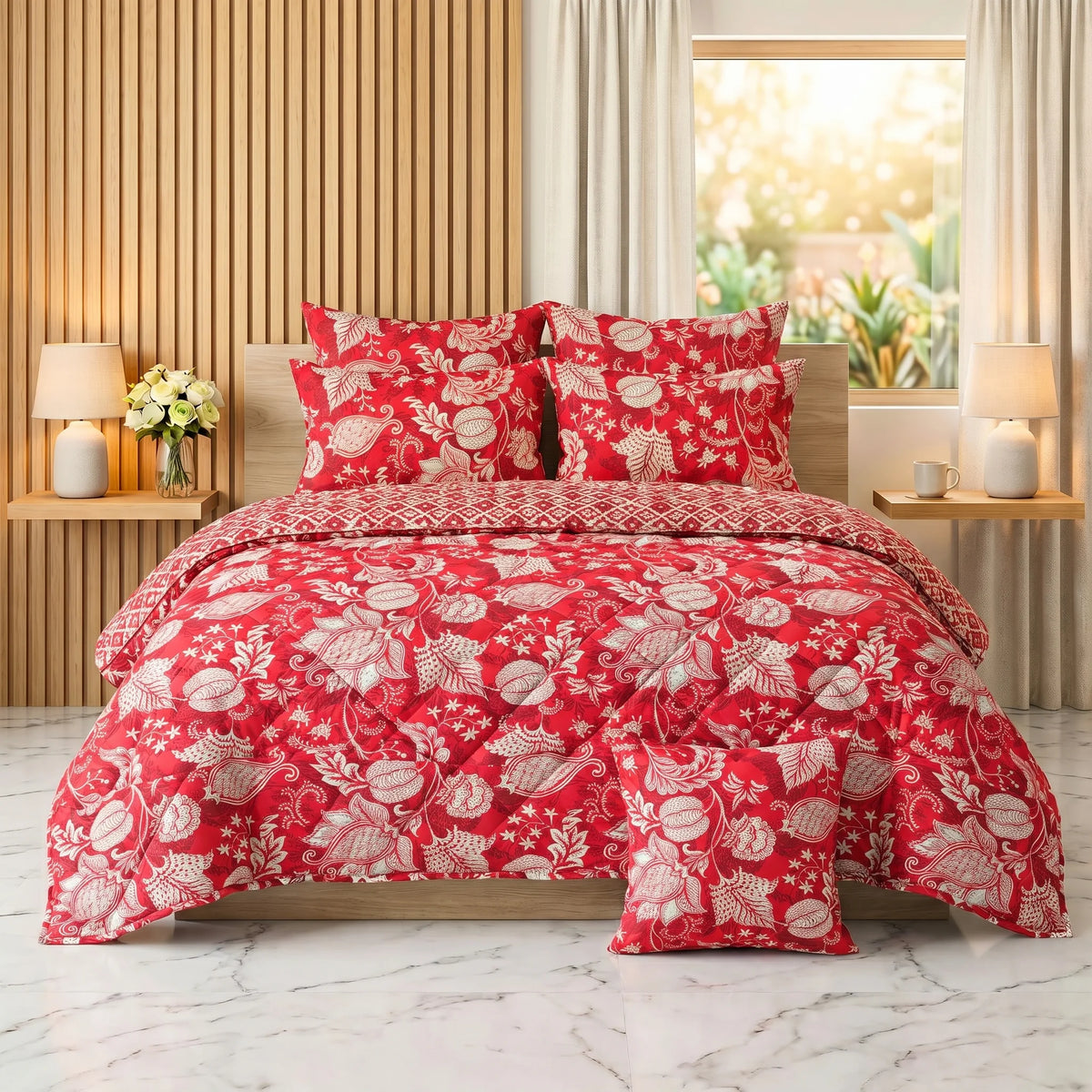 Crimson & Ivory Floral Chintz Comforter Set — 8 PCS