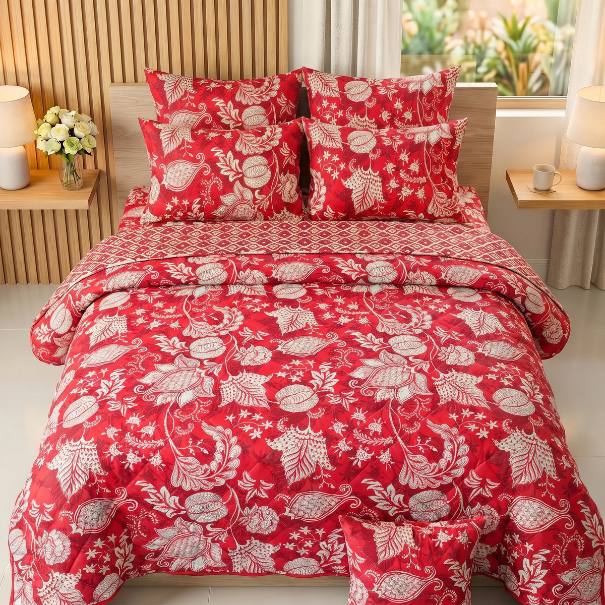 Crimson & Ivory Floral Chintz Comforter Set — 8 PCS