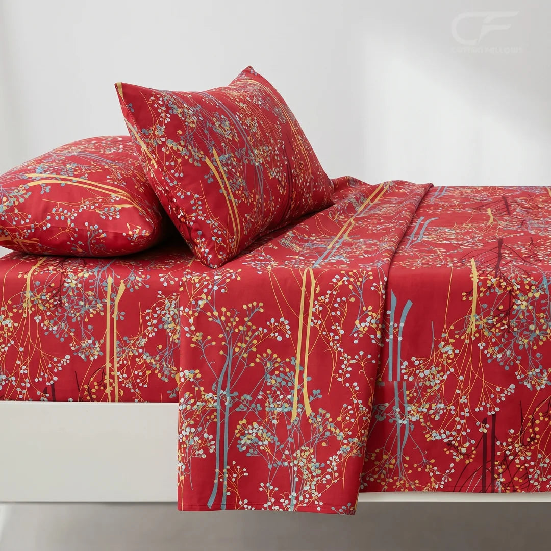 Crimson Blossom Printed Bedsheet Set