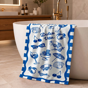Dolce Vita Print Cotton Bath Towel — Blue & White | 100% Cotton