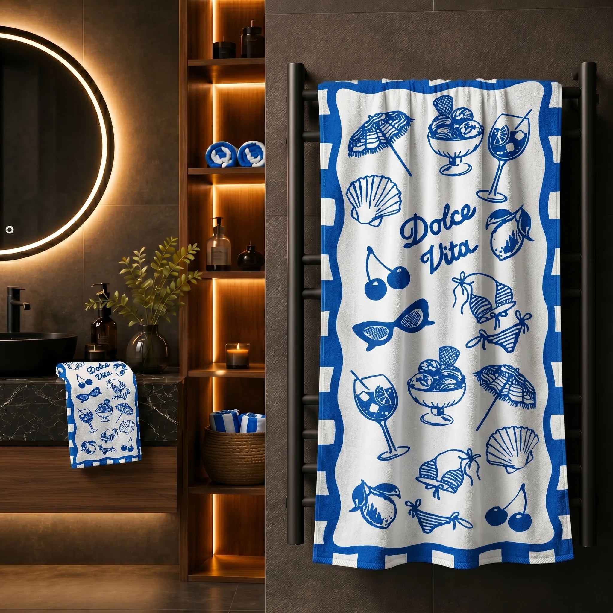 Dolce Vita Print Cotton Bath Towel — Blue & White | 100% Cotton