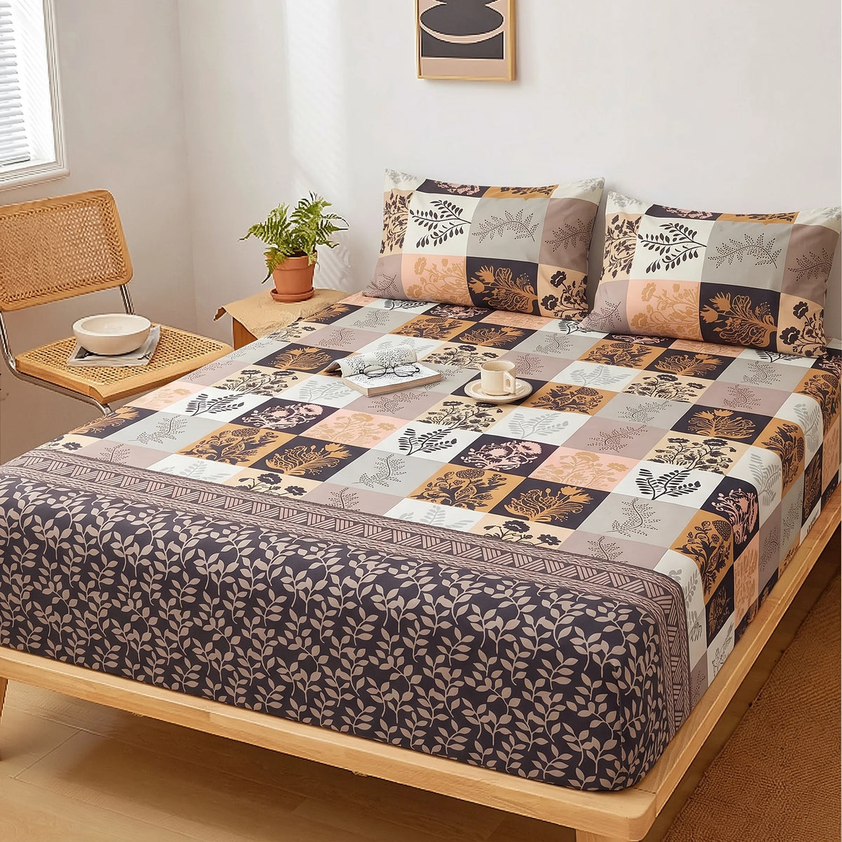 Earthy Botanical Fitted Sheet Set — Pure Cotton