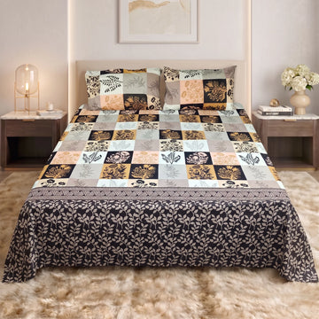 Earthy Botanical Patchwork Pure Cotton Bedsheet Set — 3 PCS