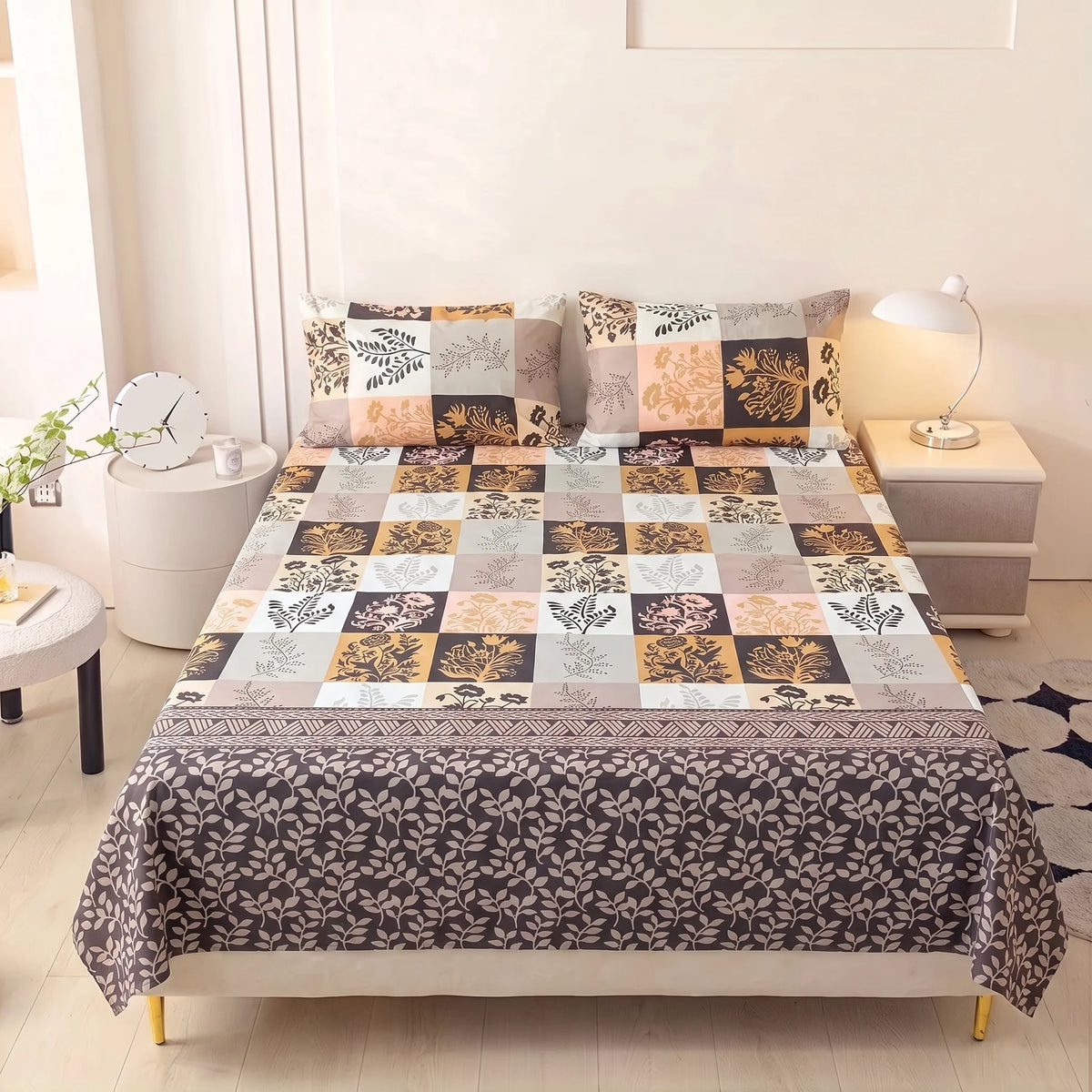 Earthy Botanical Patchwork Pure Cotton Bedsheet Set — 3 PCS
