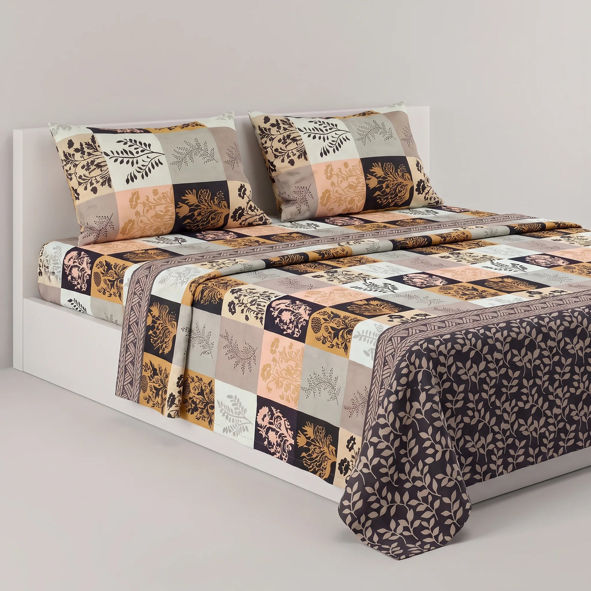 Earthy Botanical Patchwork Pure Cotton Bedsheet Set — 3 PCS