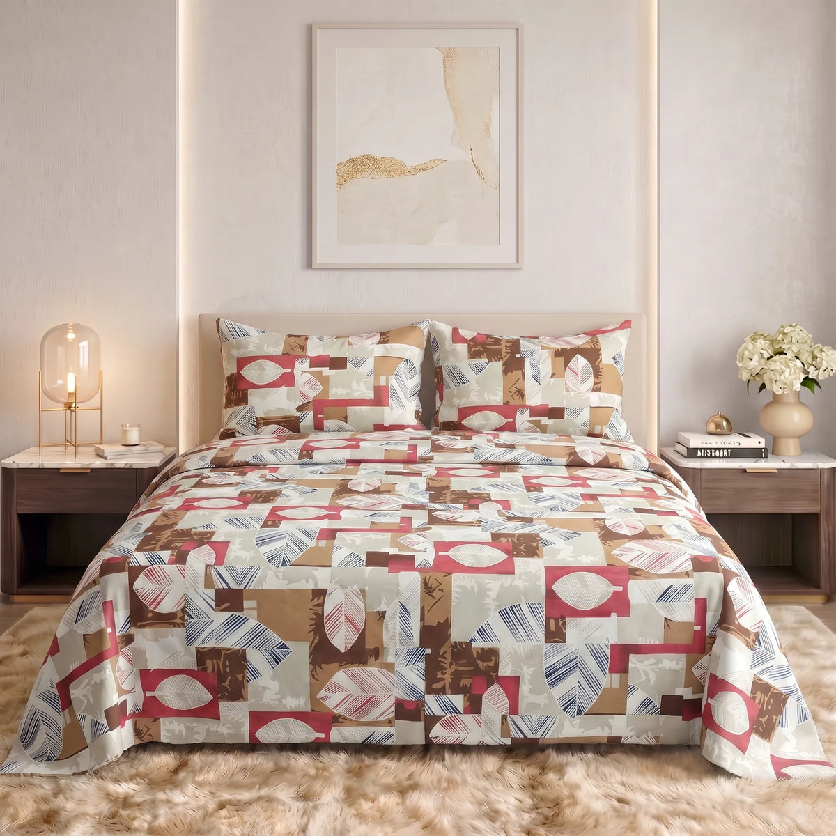 Earthy Geometric Leaf Pure Cotton Bedsheet Set — 3 PCS