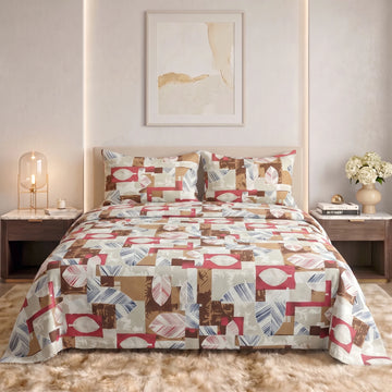 Earthy Geometric Leaf Pure Cotton Bedsheet Set — 3 PCS