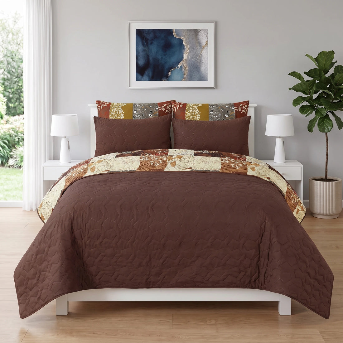 Earthy Patchwork Print Bed Spread Set — 6 PCS