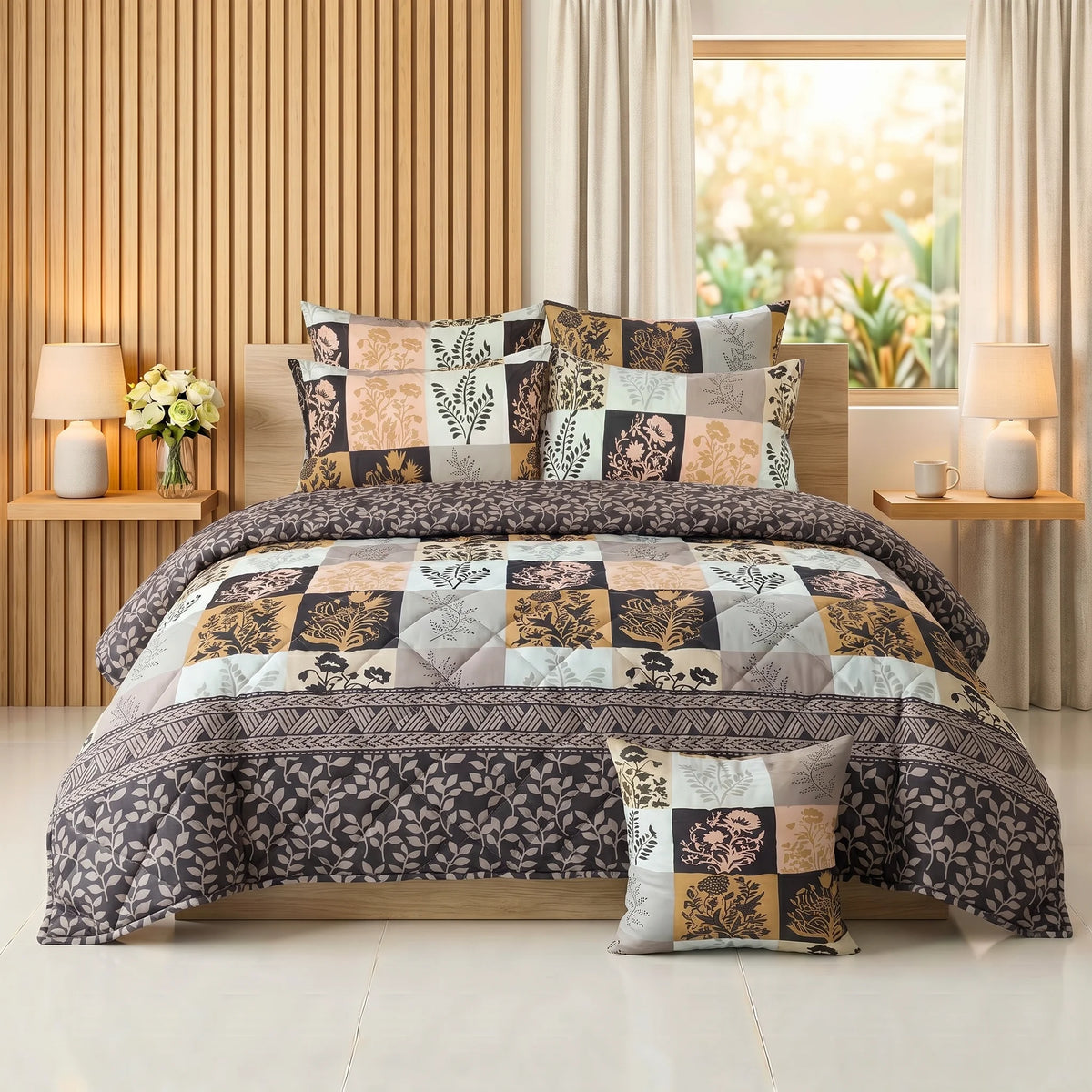 Earthy Taupe & Charcoal Botanical Comforter Set — 8 PCS