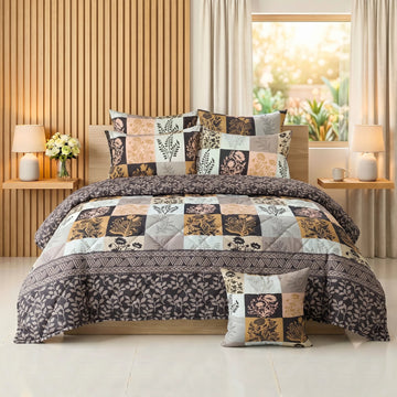 Earthy Taupe & Charcoal Botanical Comforter Set — 8 PCS
